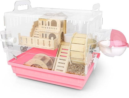 Cycodo 8 in 1 Acrylic Hamster Cage,2-Tier Dwarf Hamster Cage with Wooden Wheel & Hideout,Small Hamster Habitat with Accessories,Clear Pet Mice House(Pink,14" L*10" W*11" H)