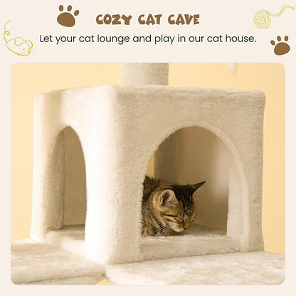 MWPO 63.8 inches Multi-Level Cat Tree for Large Cats with Sisal-Covered Scratching Posts, Padded Platform, Hammock and Condo,Stable Cat Tower Cat Condo Pet Play House-Beige