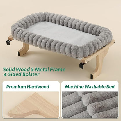 SnugCloud Cat Window Perch with 4-Sided Bolster - Orthopedic Cat Hammock for Window Sill - Solid Hardwood & Metal Frame - Window Seat for Pets (Natural Color Wood w/Gray Bed, Large)