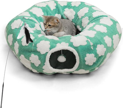 Cat Tunnel Bed for Indoor Cats,Soft Peekaboo Cave Cat Donut Tunnel with Washable Circle Cushion Central Mat, 3 Ways Shaped Round Pet Play Tunnel Toy for Kitten Puppy Rabbit Ferret Green