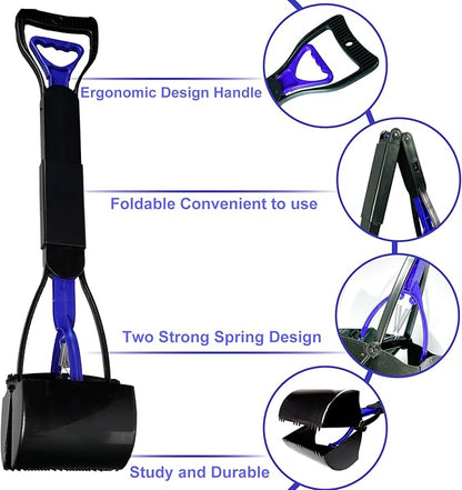 Pooper Scooper with Bags, 32" Long Handle Dog Poop Scooper for Large Medium Small Dogs, Durable Spring and High Strength Material Foldable Waste Pickup Tool for Easy Grass and Gravel Pick Up, Blue