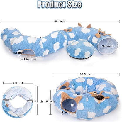 Cat Tunnel Bed, Cat Tunnels for Indoor Cats with Washable Circle Cushion, Multifunctional Peekaboo Cat Cave Donut Tubes Tunnel for Cat Kitty Kitten Puppy Rabbit Ferret (Sky Blue)