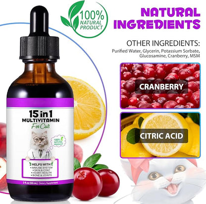 Cat Multivitamin, 15 in 1 Cat Vitamins Liquid Drops, Supports Immune Health, Promotes Joint, Skin and Coat Health, Cats Vitamin and Supplements with Glucosamine & Cranberry 2 fl oz