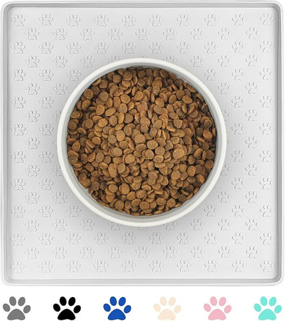 Ptlom Pet Placemat for Dog and Cat, Waterproof Silicone Pet Feeding Bowl Mats for Food and Water, Small Medium Large Dogs Mat Prevent Residues from Spilling to Floor, White, 11.8"x11.8"