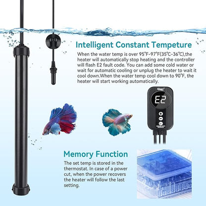 hygger Marine Aquarium Heater 200W,Titanium Heater with Digital LED Controller & Temperature Probe,Submersible Fish Tank Heater with Temperature Calibration,for Saltwater Freshwater Tank 30-40Gallon