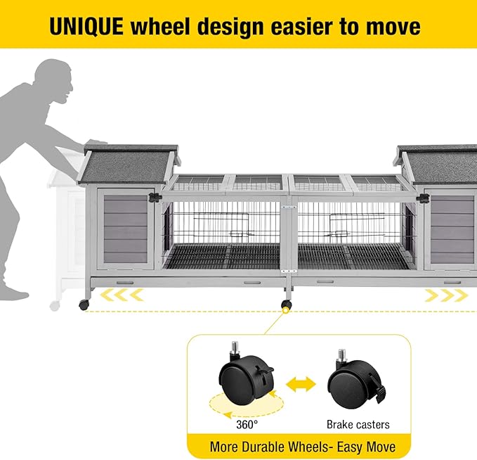 Aivituvin Rabbit Hutch Bunny Cage with Double House and Run Indoor Outdoor Guinea Pig House with Deeper No Leak Trays and Wheels