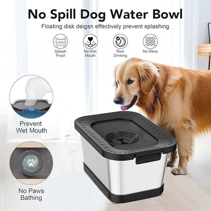 Decflow 7L Stainless Steel Dog Water Bowl, No Spill Anti-Splash Dog Bowls with Anti-Skid Mat, Spill-Proof Slow Feeder for Messy Drinkers, Heavy Duty Pet Bowls for Indoor/Outdoor Use Black