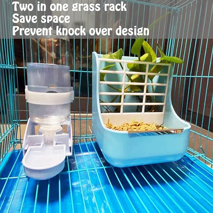 HERCOCCI PET Feeder and Water Bottle Set, Large Blue (500ml), Durable Hay Food Bin Feeder, Food Bowl, Gravity-Fed Water Dispenser for Rabbit, Guinea Pig, Chinchilla