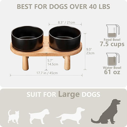 Ceramic Elevated Dog Bowls, Pet Food and Water Bowl Set for Large Dogs, 7.5 Cups Dog Bowls Raised with Wood Stand, 61OZ, Black
