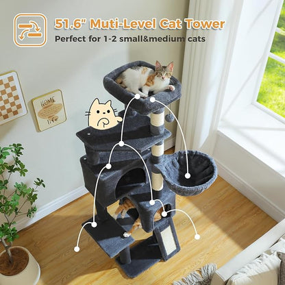 PAWZ Road Cat Tree, 51.6 Inches Cat Tower with Dual Condos, Spacious Perch, Cozy Basket and Sisal-Covered Scratching Posts for Indoor Cats- Dark Gray