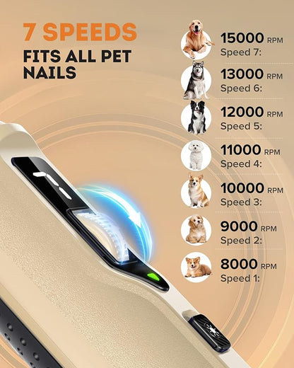 YABIFE 7-Speed Pet Nail Grinder with Light – Heavy Duty, Whisper Quiet Nail Trimmer for Dogs, Cats, Birds & Small Animals – Single-Handed Operation