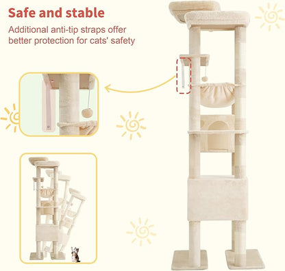 Hey-brother Tall Cat Tree Tower, Heavy Duty Scratching Posts with Large Platforms, Cozy Condos, Big Hammock, Toy Balls, Multi-Level Furniture for Indoor Adult Cats, 80.7 Inches, Beige MPJ039M