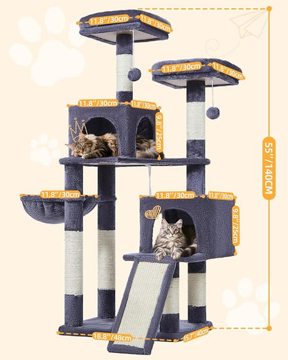 Taoqimiao 56.3-Inch Cat Tree, Cat Tower with Scratching Posts, Cat Tree House for Indoor Cats with hammocks, Toys, Condo and Large Scratch Board, Smoky Gray MS012G