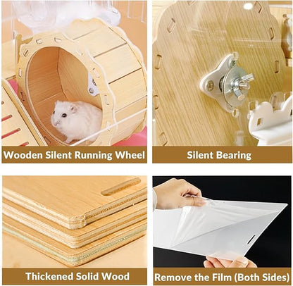 Cycodo 8 in 1 Acrylic Hamster Cage,2-Tier Dwarf Hamster Cage with Wooden Wheel & Hideout,Small Hamster Habitat with Accessories,Clear Pet Mice House(Pink,14" L*10" W*11" H)