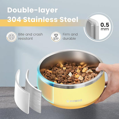 Pawaii Stainless Steel Dog Bowl with Non-Slip Rubber Base & Double Wall Insulation - Durable Design | Includes ID Tag | Dishwasher Safe Food & Water Bowl for All Dogs (34oz)