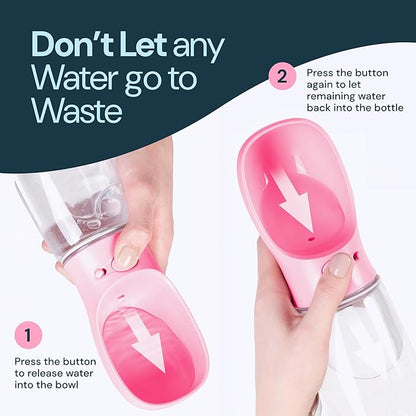 MalsiPree Dog Water Bowl Dispenser - 12 Oz, Pink - Portable Dog Water Bottle & Travel Pet Bowl - Leak Proof
