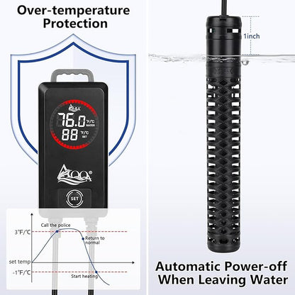 AQQA Aquarium Heater,Submersible Fish Tank Heater 59-93°F/15-34°C External Controller,Rapid Heating,Ultra-high Temperature Protection,Automatic Power-Off When Leaving Water (1000W for 172-227 Gallon)