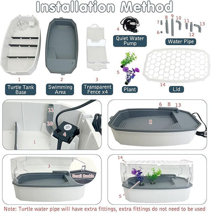 Hamiledyi Acrylic Turtle Aquarium Kit with Lid, Water Pump, Basking Platform, Bottom Drainage, Multi-Function Area Habitat for Turtles, Crabs, Crayfish, Tortoises