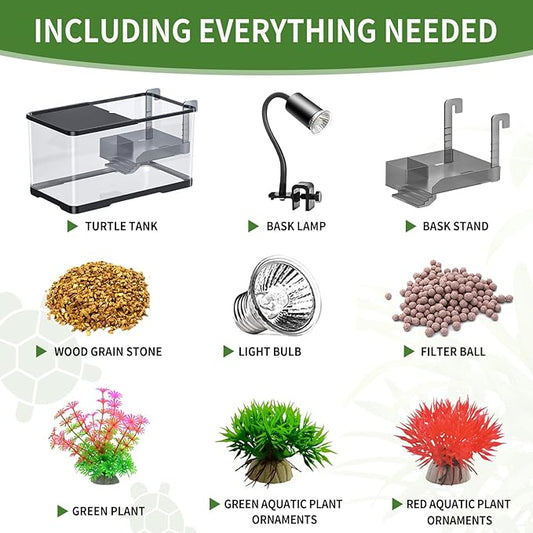 (Tank + Light + Filter Balls) Turtle Tank Kit, Turtle Tank Starter Kit,Bottom Drainage, Multi-Function Areas for Turtles, Crabs,Fishes, Amphibians,Reptiles. (15.75 x 8.64 x 8.64 Inch)