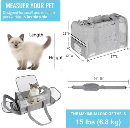 Pet Carrier Soft Side Cat Carrier Collapsible Travel Puppy Carrier Bag TSA Airline Approved Kitten Carrier Bag for 15 lbs Small Pets (Gray)