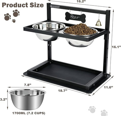 Elevated Slow Feeder Dog Bowls - Raised for Large Dogs, Adjustable Height, 2 Stainless Steel Bowls, Spill Proof Mat, Grey