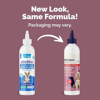 Vetnique Oticbliss Advanced Strength Medicated Dog Ear Infection Treatment, Antiseptic Ear Cleaner for Cat & Dog Ear Cleaning Solution Chlorhexidine & Ketoconazole (6oz Flush)