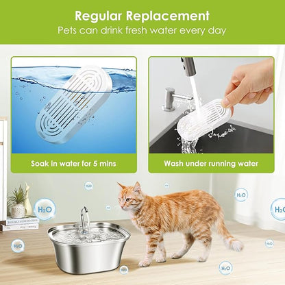 Cat Water Fountain Filters, 9 Pack Replacement Filters & Replacement Pre-Filter Sponges for Stainless Steel Pet Fountain with Water Level Window, Fountain Carbon Filters for Dog Water Dispenser Bowl
