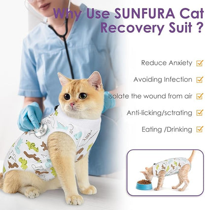 SUNFURA Cat Recovery Suit, Kitten Surgical Full Bodysuit for Abdominal Wound Protector Anti Licking After Surgery, Professional Bandages Cone E-Collar Alternative for Small Male & Female Pets
