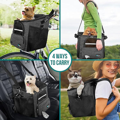 PetAmi Dog Bike Basket, Soft-Sided Ventilated Dog Bike Carrier Backpack, Pet Bicycle Basket for Bike Handlebar, Small Medium Puppy Cat Kitten Car Booster Seat with Safety Strap, Max 18 lbs, Dark Gray