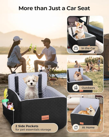 Dog Car Seat for Small & Medium Dogs Under 35lbs, Detachable & Washable Pet Car Seat, Interior Height 6 Inches Pet Travel Bed with Storage Pockets and 2 Dog Safety Belts (Black/Gray)