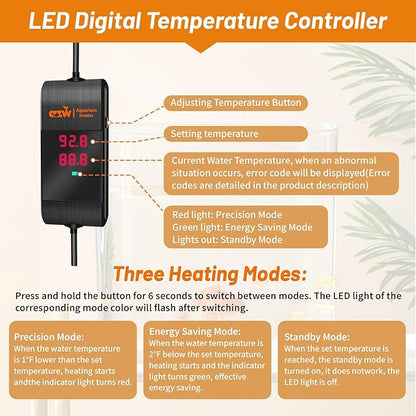 azw Aquarium Heater, 100W Fish Tank Heater for 25-45 Gallon with Digital LED Controller, Frequency Conversion Energy Saving, IPS Anti-Boiling Fish, 7 Intelligent Protections for Freshwater/Saltwater