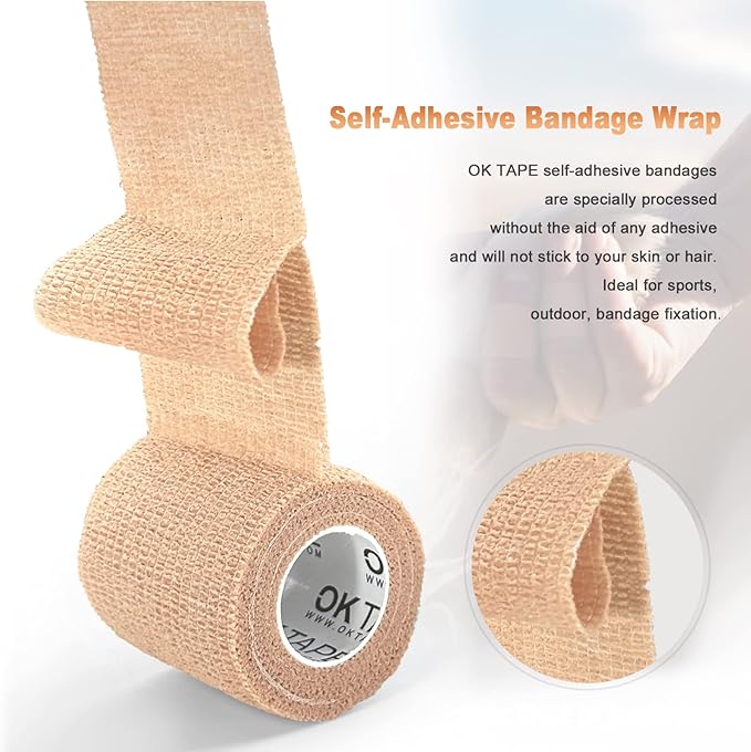 OK TAPE Self Adherent Cohesive Bandages Wrap 12Packs, 2 Inches X 5 Yards, Non-Woven Self Adhesive Athletic Sports wrap Tape, Vet Wrap Bandages Tape, for Thumb Finger Wrist Ankle (Black)