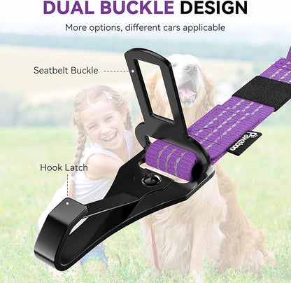 Pawaboo Dog Seatbelt for Car, 3-in-1 Dog Seat Belt Bungee, Shockproof Dogs Tether for Car with Buckle & Hook Latch, Adjustable Reflective Dogs Cars Harness Leash with 360° Lockable Buckle, Purple