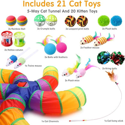 Poen 21 Pcs Cat Tunnel for Indoor Set Collapsible 5 Way Tubes with 20 Pcs Cat Kitten Toys Interactive Feather Toy Mouse Crinkle Balls Tube for Puppy Kitten Rabbit(Colorful)