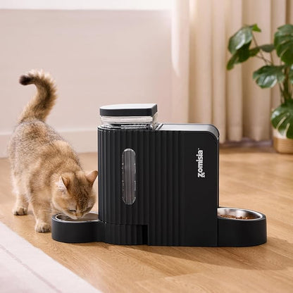 Gravity Cat Feeder and Water Dispenser with 304 Stainless Steel Bowls, 2 in 1 Automatic Cat Feeder with 180 Degree Rotatable Water Bowl, Large Capacity for Puppy Kitten Rabbits, Black