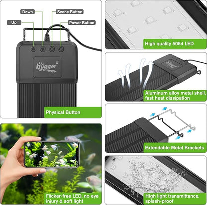hygger 35W Smart Aquarium Light, Bluetooth LED Light with App Control, Full Spectrum Fish Tank Light with 24/7 Lighting Cycle, 5 Modes, Adjustable Timer, for 24"-30" Freshwater Planted Tank
