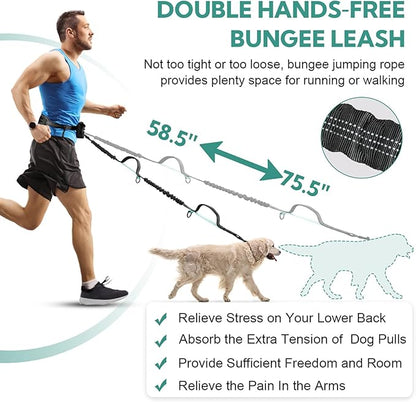 Hands Free Dog Leash with Pouch, Double Leash for Two Dogs, Retractable Bungee with Double Padded Handles, Waist Leash for Dog Walking, Running Leash for Dogs, Dog Walking Accessories