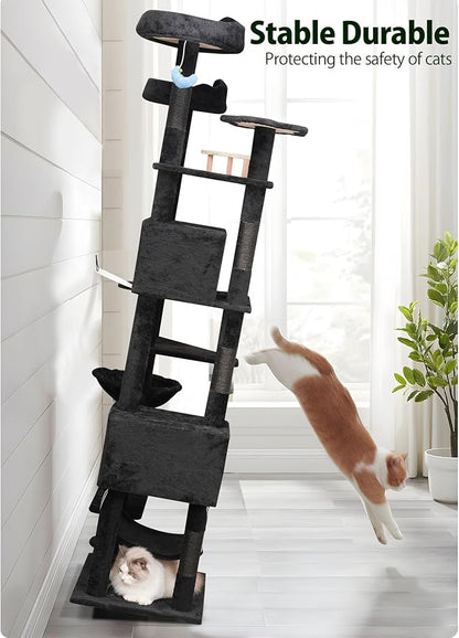 85inch Giant Cat Tree for Heavy Duty Big Cats, Multi-Level Luxury Cat Tower with Scratching Post, Cat Condo with Hammocks & Plush Perches for Indoor Cats Large Adult, Black