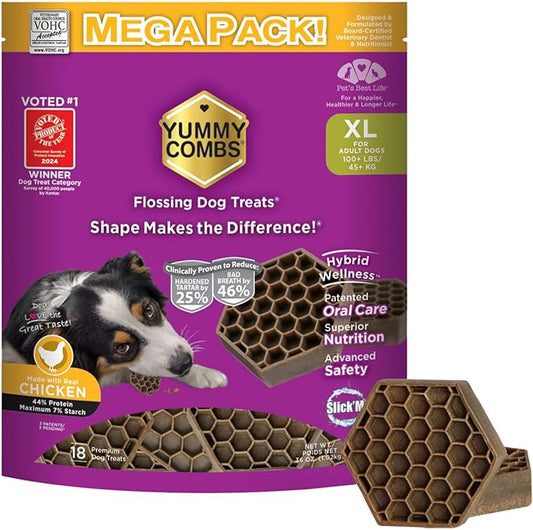 Dog Dental Treats – Vet VOHC Approved – Delicious Chicken Protein – Removes Tartar with Cleaning Comb Shape – Dental Dog Treats for Extra Large Dogs (36oz, 18 Count)