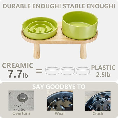 Ceramic Slow Feeder and Water Bowl Set for Medium and Large Dogs, Ceramic Dog Bowls Elevated with Wooden Stand, 2.0 Cups Dog Slow Feeder(30oz) and 70oz Water Bowl Set, Green