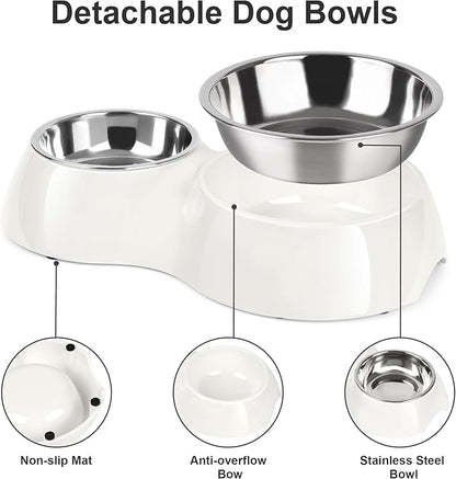 Double Dog Bowls Set – Non-Slip Pet Food & Water Dishes with Resin Stand, Includes Small (1 Cup) & Medium (2 Cups) Bowls – Ideal for Puppies, Cats, and Medium Dogs – White
