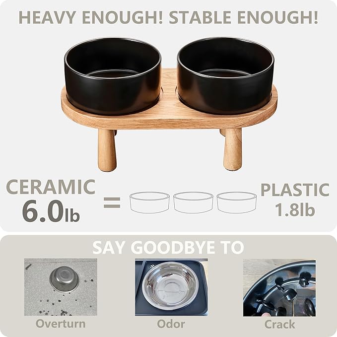 Ceramic Elevated Dog Bowls, Pet Food and Water Bowl Set for Medium and Small Dogs, 3.5 Cups Dog Bowls Raised with Wood Stand, 29OZ, Black