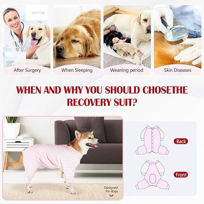 Dog Recovery Suit, Abdominal Wound After Surgery Wear, Anti Licking Bodysuit with Snaps, E-Collar & Cone Alternatives, Striped Dog Spay Surgical Pajamas Prevent Shedding(Large, Pink)