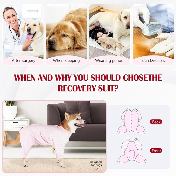 Dog Recovery Suit, Abdominal Wound After Surgery Wear, Anti Licking Bodysuit with Snaps, E-Collar & Cone Alternatives, Striped Dog Spay Surgical Pajamas Prevent Shedding(Small, Pink)