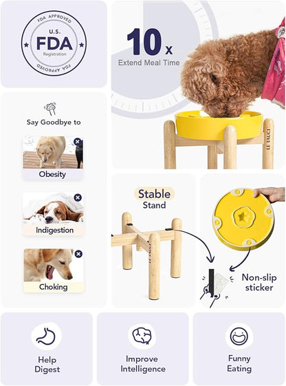 LE TAUCI Ceramic Slow Feeder Dog Bowls Elevated, 3 Cup Raised Bowl with Wooden Stand for Medium Large Breed, Slow Down Eating, Puzzle Dog Food Bowl, Star Yellow