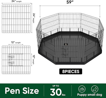 PJYuCien Dog Playpen, 8 Panels 24’’H Dog Pens Indoor with Bottom Pad, Metal Foldable Pet Puppy Exercise Fence Crate Kennel, Better for Small Animals, Black