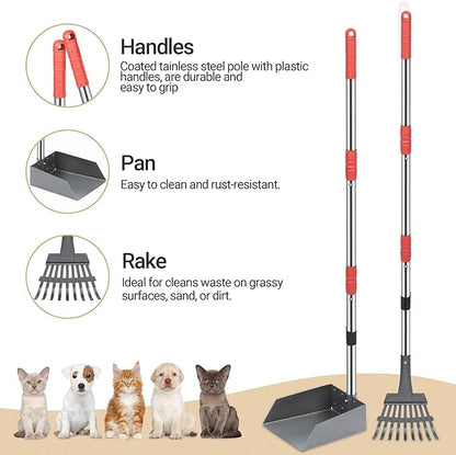 Heeyoo Dog Pooper Scooper, Dog Poop Tray and Rake Set, Pet Waste Removal Scoop with Long Adjustable Sectional Stainless Handles