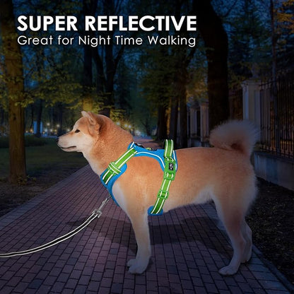 PHOEPET No Pull Dog Harness, Unique Colors Reflective Adjustable Dog Vest, with Soft Training Handle Metal Clips for Small Medium Large Dogs (Blue Base & Green Straps,M)