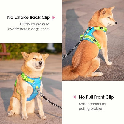 PHOEPET No Pull Dog Harness, Unique Colors Reflective Adjustable Dog Vest, with Soft Training Handle Metal Clips for Small Medium Large Dogs (Blue Base & Green Straps,S)