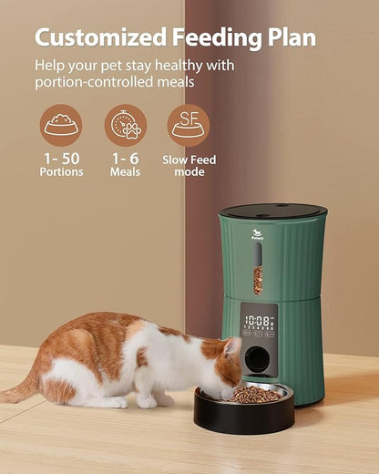 Petory Timed Automatic Cat Feeders - 4L Programable Dry Food Dispenser for Cats and Small Medium Dogs 6 Meals with Desiccant Bag Dual Power Supply 10S Voice Recorder